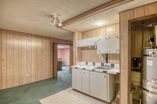 6923 N Hamilton St Unit 6923, Spokane, WA 99208 - kitchen featuring tile counters, a textured ceiling, secured water heater, a sink, and wooden walls