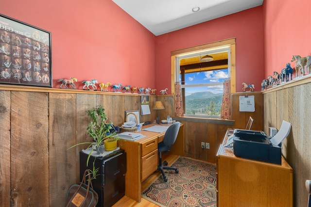 office area with a wainscoted wall and wood walls