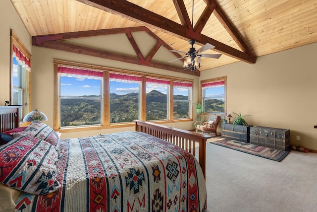 bedroom featuring carpet floors and wood ceiling