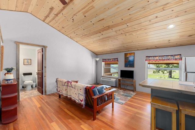 living area featuring wooden ceiling, lofted ceiling, and light wood-style flooring