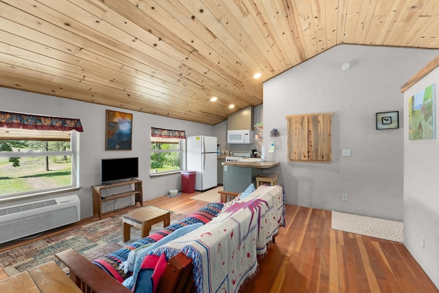 living room featuring vaulted ceiling, wooden ceiling, light wood-style floors, a wall unit AC, and recessed lighting