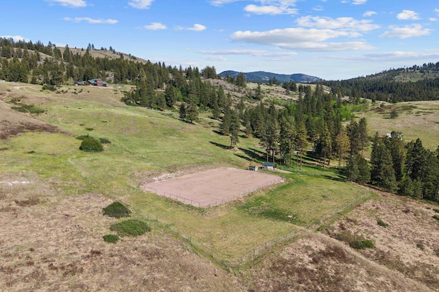view of yard with an outdoor riding arena, a mountain view, a rural view, and a forest view