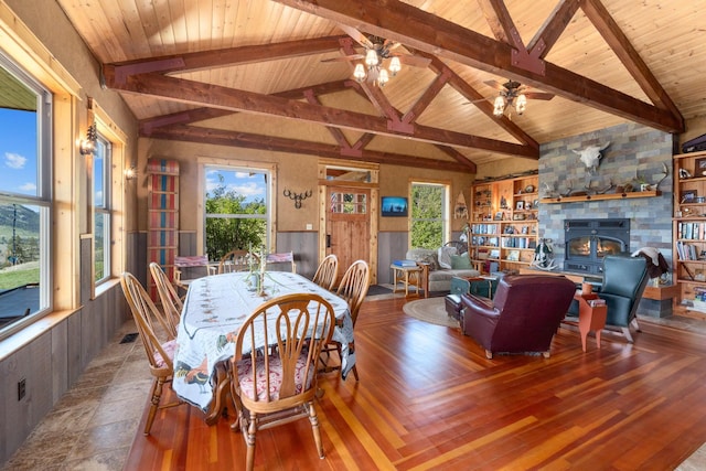 dining room with plenty of natural light, wood ceiling, ceiling fan, and wainscoting