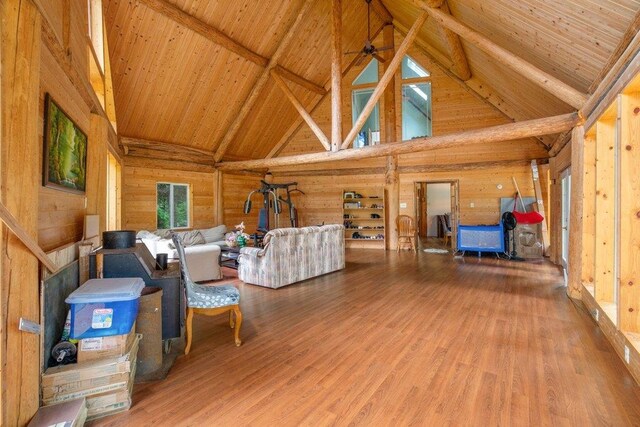 652 Penny Ln, Usk, WA 99180 - living area with high vaulted ceiling, wooden ceiling, wood finished floors, beamed ceiling, and wooden walls