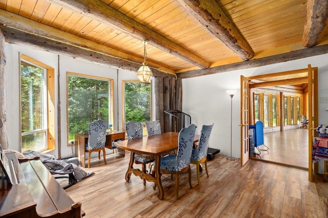 652 Penny Ln, Usk, WA 99180 - dining area with wood finished floors, beamed ceiling, and wood ceiling