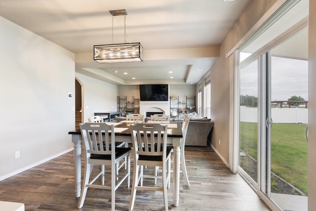 dining space with wood finished floors, baseboards, arched walkways, and a tray ceiling