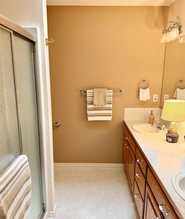 1610 S Newer Ln Unit 0, Spokane Valley, WA 99037 - bathroom featuring double vanity, a stall shower, and baseboards