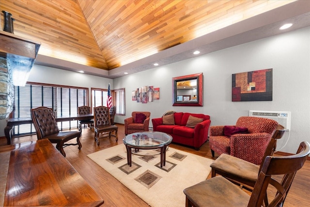 172 S Coeur Dalene St Unit G304, Spokane, WA 99204 - living room with wooden ceiling, wood finished floors, high vaulted ceiling, and recessed lighting