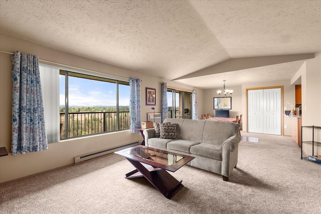 172 S Coeur Dalene St Unit G304, Spokane, WA 99204 - carpeted living room featuring baseboard heating, a chandelier, vaulted ceiling, a textured ceiling, and baseboards