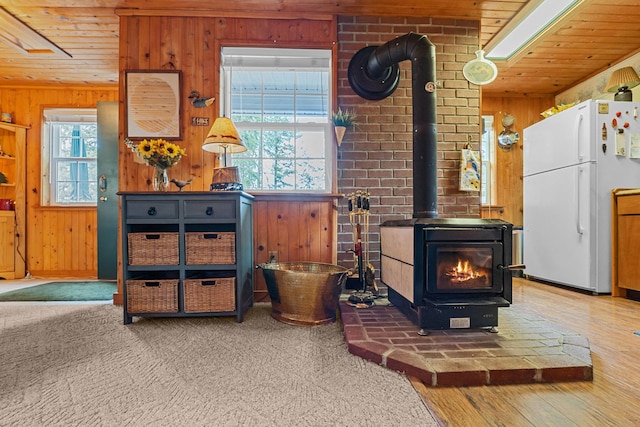 231 Mountain View Dr, Newport, WA 99156 - detailed view of freestanding refrigerator, wood walls, a wood stove, and wood ceiling