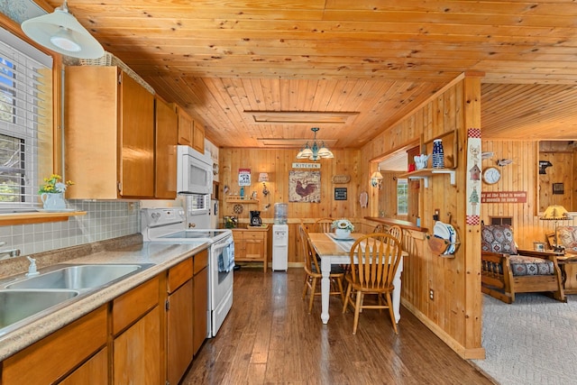 231 Mountain View Dr, Newport, WA 99156 - kitchen featuring white appliances, wooden ceiling, a sink, wood walls, and light countertops