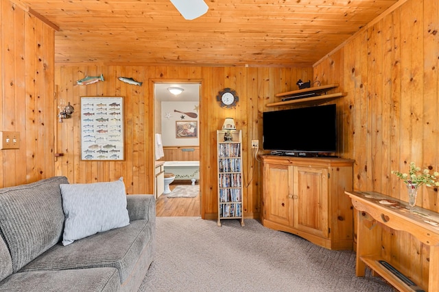 231 Mountain View Dr, Newport, WA 99156 - living room with wood ceiling, wood walls, and carpet floors