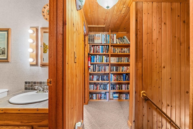 231 Mountain View Dr, Newport, WA 99156 - hall with a sink, an upstairs landing, carpet floors, and wood walls