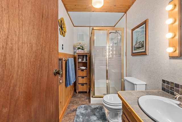 231 Mountain View Dr, Newport, WA 99156 - full bath featuring a stall shower, a textured wall, vanity, and wood ceiling