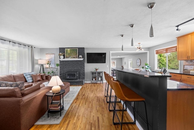 8214 N Jefferson Dr, Spokane, WA 99208 - kitchen with open floor plan, track lighting, light wood-style flooring, and a fireplace