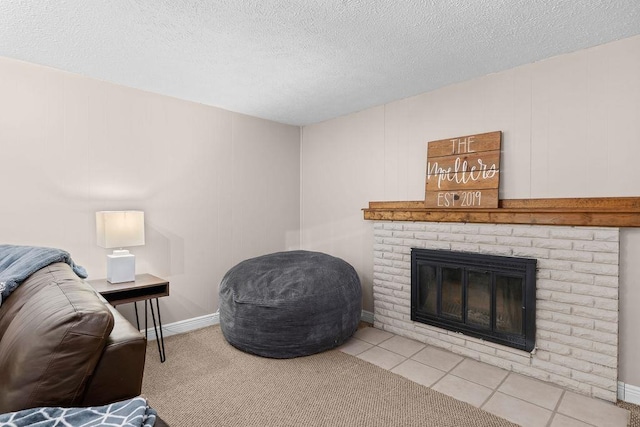 8214 N Jefferson Dr, Spokane, WA 99208 - living room with a textured ceiling, a brick fireplace, and baseboards