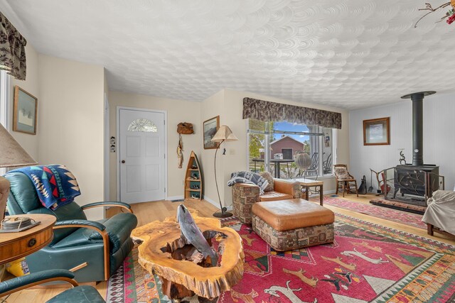 2443 Flowery Trail Rd, Usk, WA 99180 - living room featuring a wood stove, wood finished floors, and baseboards