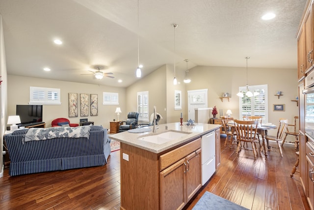9016 N Sundance Dr, Spokane, WA 99208 - kitchen with a sink, dishwasher, open floor plan, dark wood-style flooring, and lofted ceiling