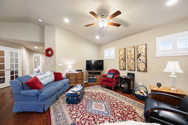 9016 N Sundance Dr, Spokane, WA 99208 - living room featuring wood finished floors, a ceiling fan, vaulted ceiling, french doors, and recessed lighting