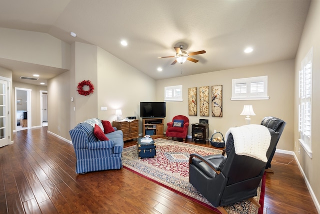 9016 N Sundance Dr, Spokane, WA 99208 - living room with dark wood-style floors, a ceiling fan, lofted ceiling, baseboards, and recessed lighting