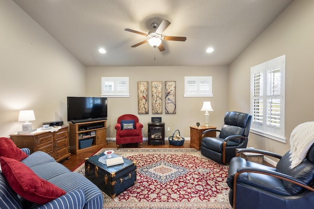 9016 N Sundance Dr, Spokane, WA 99208 - living room featuring a ceiling fan, baseboards, wood finished floors, and recessed lighting