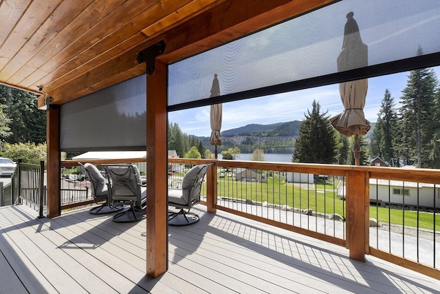 29955 N Isle View Rd, Spirit Lake, ID 83869 - wooden terrace with a water and mountain view and a yard