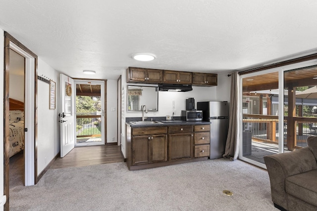 29955 N Isle View Rd, Spirit Lake, ID 83869 - kitchen featuring a sink, appliances with stainless steel finishes, light carpet, dark countertops, and extractor fan