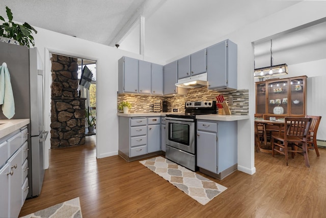 11010 E 28th Ave, Spokane, WA 99206 - kitchen featuring appliances with stainless steel finishes, under cabinet range hood, gray cabinetry, lofted ceiling, and backsplash