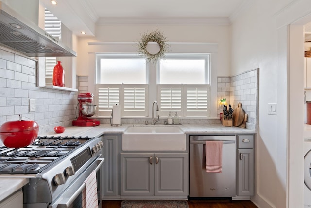 kitchen with stainless steel appliances, range hood, a sink, plenty of natural light, and crown molding