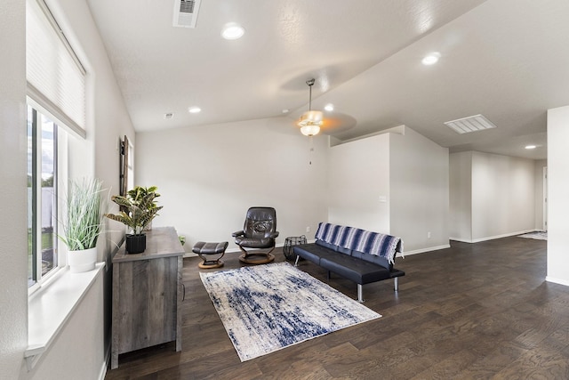 18924 E Fredrick Ave, Otis Orchards, WA 99027 - living area featuring ceiling fan, lofted ceiling, wood finished floors, baseboards, and recessed lighting