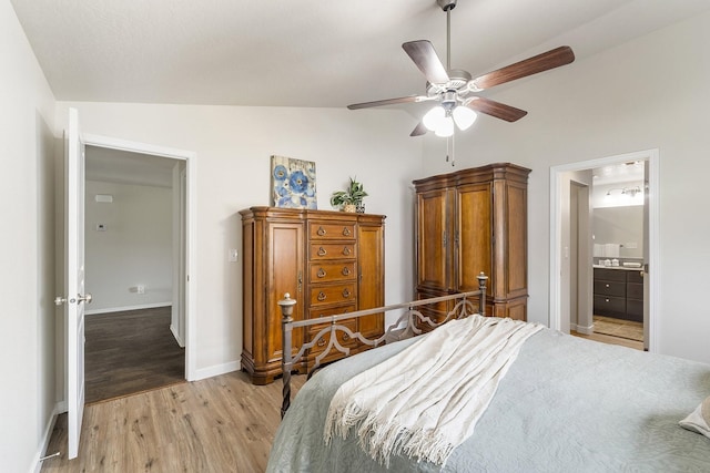 18924 E Fredrick Ave, Otis Orchards, WA 99027 - bedroom with light wood-style flooring, ceiling fan, connected bathroom, baseboards, and high vaulted ceiling