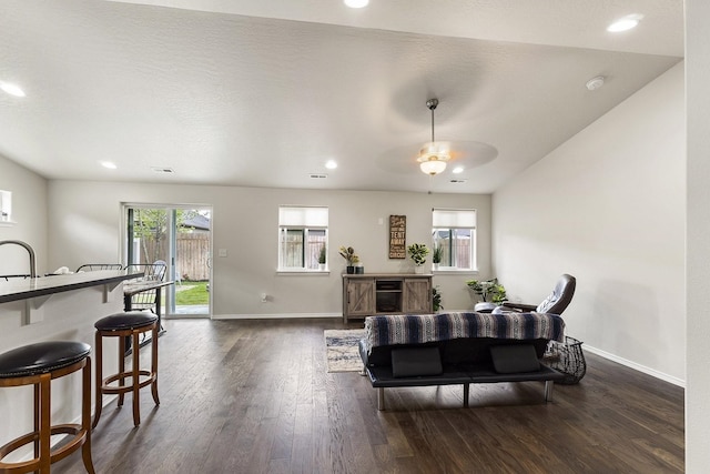 18924 E Fredrick Ave, Otis Orchards, WA 99027 - living area featuring baseboards, dark wood-style floors, recessed lighting, and ceiling fan