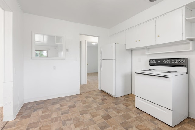 3013 E Broad Ave, Spokane, WA 99217 - kitchen featuring white appliances, white cabinets, open shelves, stone finish flooring, and light countertops