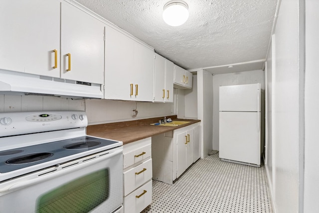 3013 E Broad Ave, Spokane, WA 99217 - kitchen with white appliances, under cabinet range hood, a sink, white cabinetry, and a textured ceiling