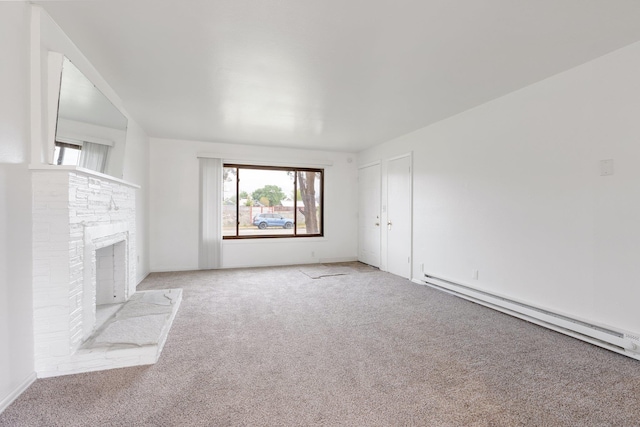 3013 E Broad Ave, Spokane, WA 99217 - unfurnished living room featuring a baseboard heating unit, carpet floors, and a fireplace