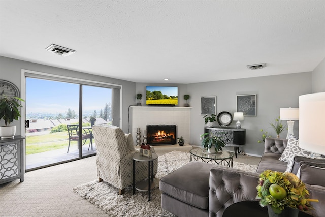 5303 N Argonne Ln Unit 13, Spokane, WA 99212 - carpeted living room with a tile fireplace and a textured ceiling