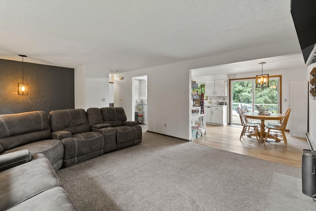 4509 N Murray Rd, Otis Orchards, WA 99027 - living area featuring light colored carpet, a textured ceiling, and baseboards