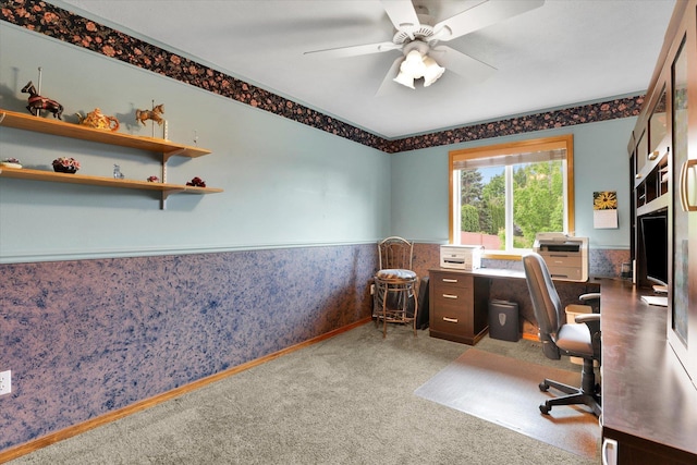 10610 N Iroquois Dr, Spokane, WA 99208 - office area with ceiling fan, wainscoting, carpet floors, and wallpapered walls
