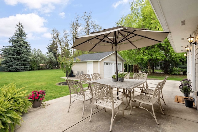 10204 N Wellen Ln, Spokane, WA 99218 - view of patio featuring outdoor dining area, an outdoor structure, and a detached garage