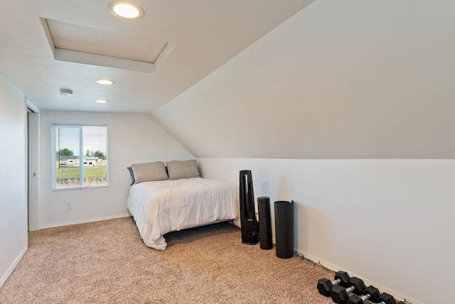4521 E Fairview St, Spokane, WA 99217 - bedroom featuring attic access, light colored carpet, recessed lighting, vaulted ceiling, and baseboards