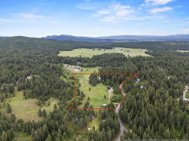 2362 Nicholson Rd, Elk, WA 99009 - aerial view of property and surrounding area featuring a forest, a mountainous background, and property parcel outlined