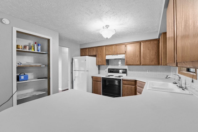2362 Nicholson Rd, Elk, WA 99009 - kitchen featuring electric range, freestanding refrigerator, under cabinet range hood, a sink, and brown cabinets