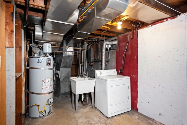 607 E Walton Ave, Spokane, WA 99207 - unfinished basement featuring washer / dryer, secured water heater, electric panel, and a sink