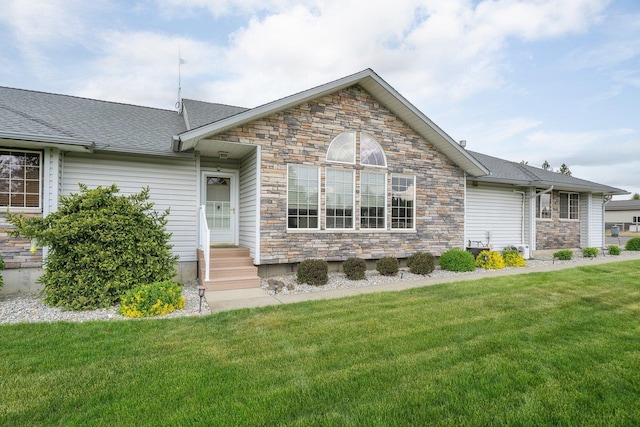 17110 W Boone Ln, Medical Lake, WA 99022 - view of front of property with stone siding, a front yard, and a shingled roof