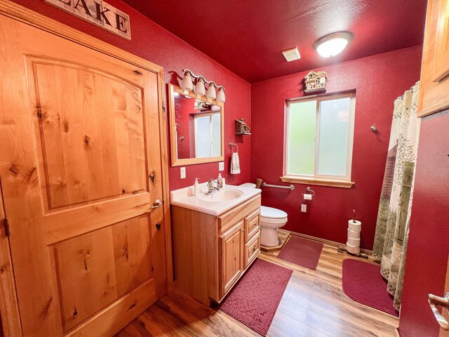 2010 Clemons Rd, Rice, WA 99167 - full bathroom featuring toilet, vanity, wood finished floors, and curtained shower