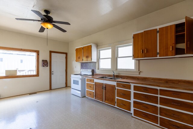 608 S Hatch St, Spokane, WA 99202 - kitchen featuring white range with electric stovetop, a sink, and brown cabinets