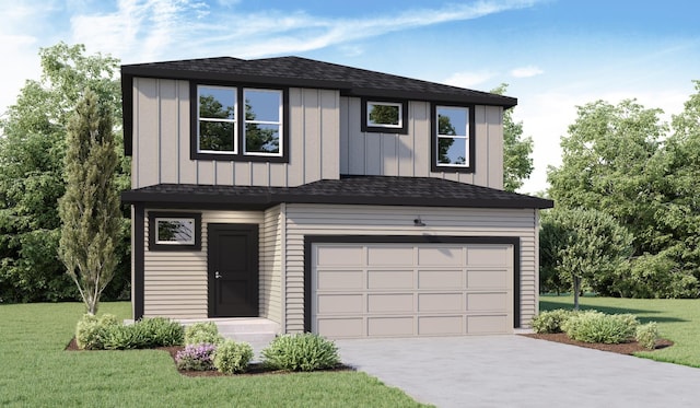 3716 S Keller Ln, Spokane Valley, WA 99206 - view of front of property featuring concrete driveway, a front lawn, a garage, board and batten siding, and a shingled roof