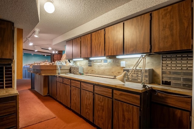 12515 E Apache Pass Rd, Spokane, WA 99206 - kitchen with a textured ceiling, light colored carpet, rail lighting, tasteful backsplash, and brown cabinetry