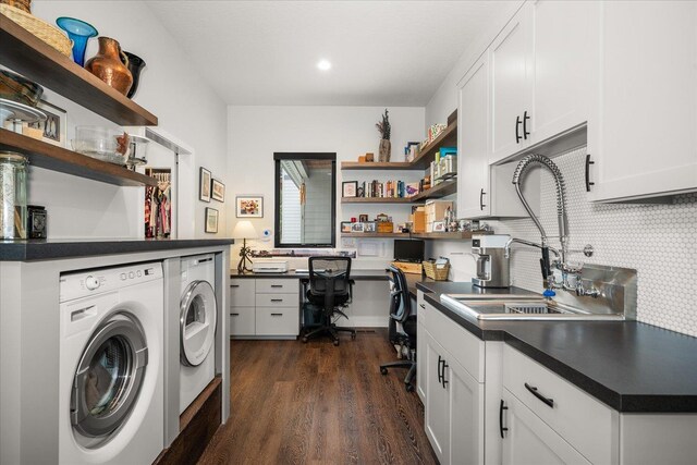 220 E Meadowlane Rd, Spokane, WA 99224 - laundry room featuring washing machine and dryer, dark wood-style floors, a desk, and recessed lighting
