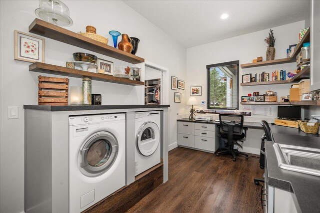 220 E Meadowlane Rd, Spokane, WA 99224 - laundry room with washer and clothes dryer, dark wood-style floors, a desk, and recessed lighting